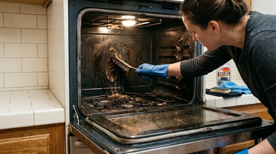 Scrubbing the inside of an oven with a heavy-duty brush during a move-out clean