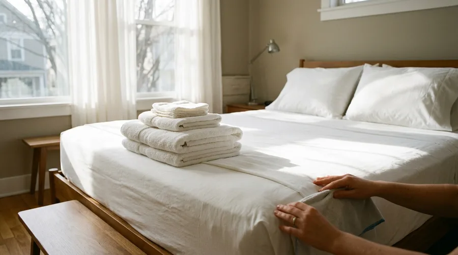 A freshly made bed with crisp white linens in a short-term rental bedroom, sunlight through sheer curtains