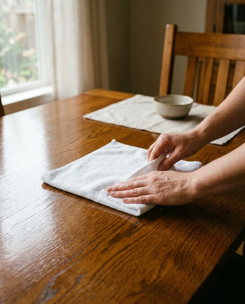A pair of hands folding a white microfiber cloth over a gleaming wood table in warm side light