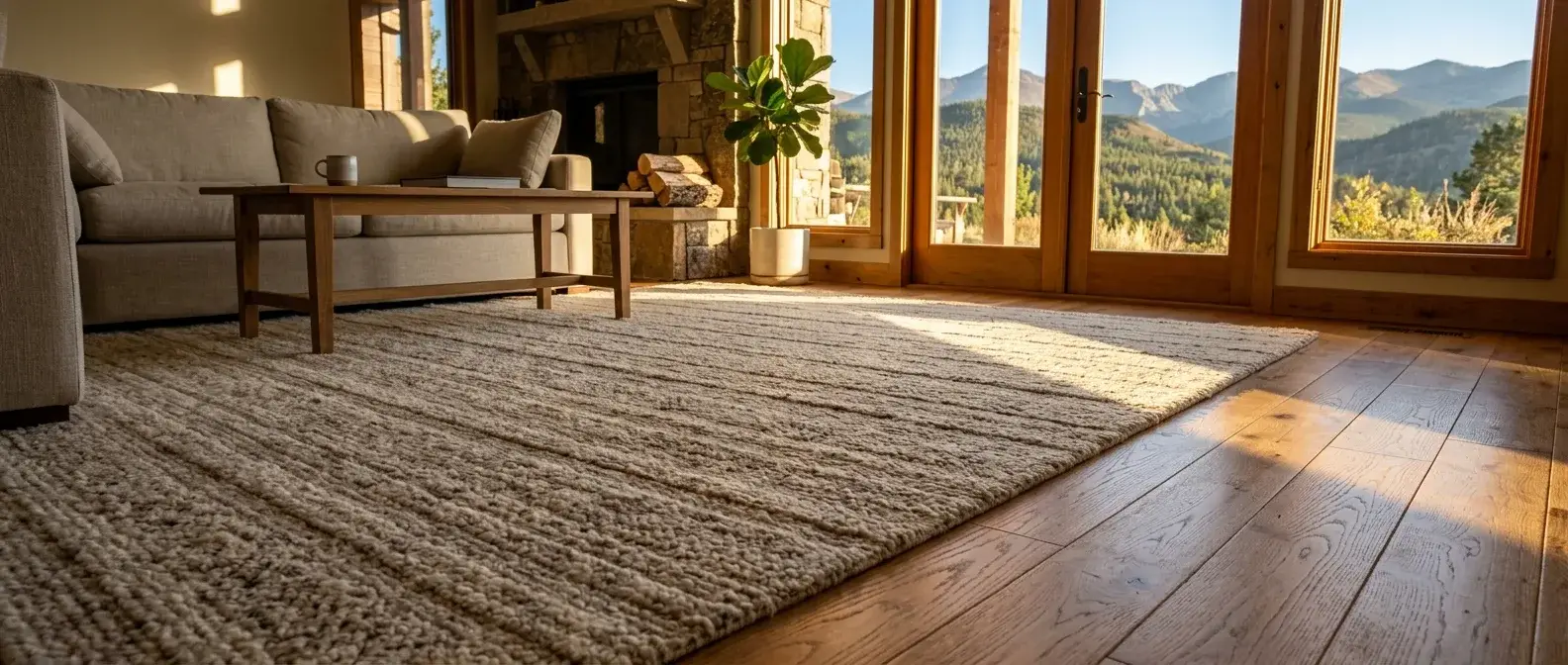 A sunlit living room floor just vacuumed, straight pile lines across a wool rug, late afternoon light and mountains through the glass doors
