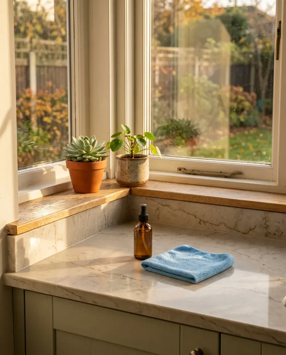 A kitchen counter corner and windowsill at the end of a clean, a folded microfiber cloth and a small spray bottle set down on the stone in low afternoon sun