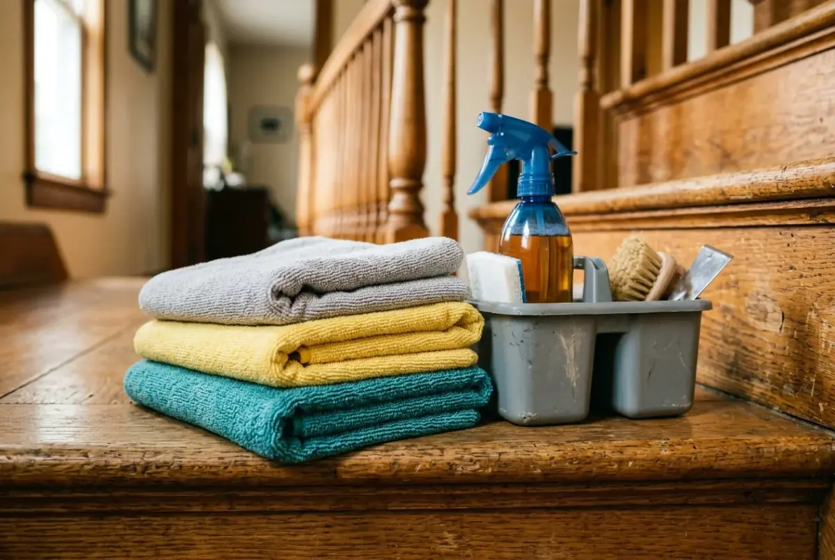 A stack of folded microfiber cloths beside a caddy of cleaning supplies on a wooden stair tread